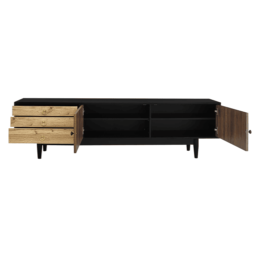 Móvel de TV - Características de portas com design ondulado e 3 gavetas - Preto e Natural