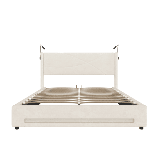 Cama estofada 140x200 cm - 2 luzes de leitura, armazenamento hidráulico, USB, estrutura estável, alta capacidade - Bege