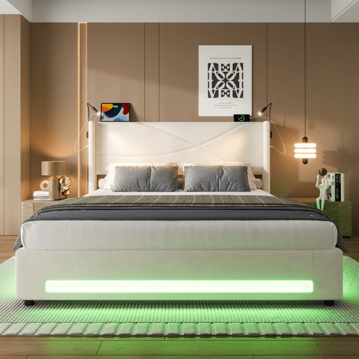 Cama estofada 140x200 cm - 2 luzes de leitura, armazenamento hidráulico, USB, estrutura estável, alta capacidade - Bege