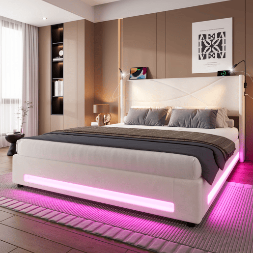 Cama estofada 140x200 cm - 2 luzes de leitura, armazenamento hidráulico, USB, estrutura estável, alta capacidade - Bege
