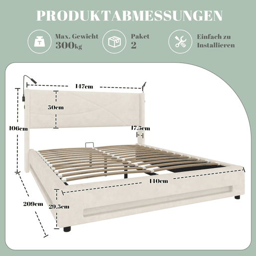 Cama estofada 140x200 cm - 2 luzes de leitura, armazenamento hidráulico, USB, estrutura estável, alta capacidade - Bege