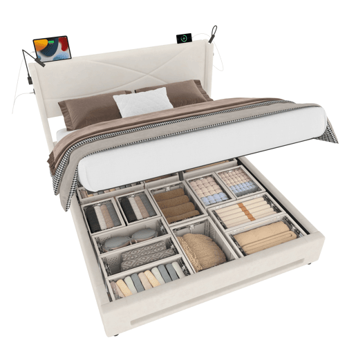 Cama estofada 140x200 cm - 2 luzes de leitura, armazenamento hidráulico, USB, estrutura estável, alta capacidade - Bege