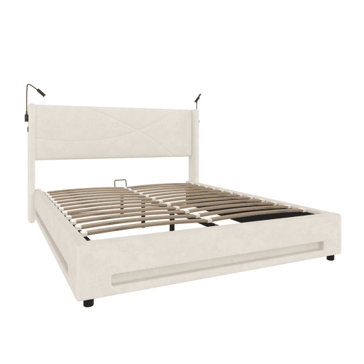Cama estofada 140x200 cm - 2 luzes de leitura, armazenamento hidráulico, USB, estrutura estável, alta capacidade - Bege