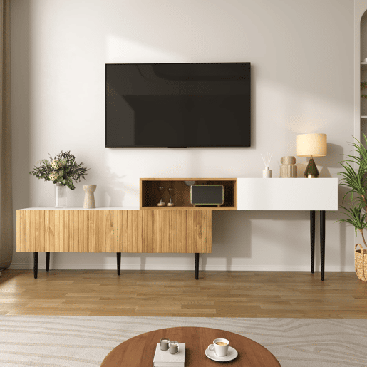 Móvel de TV modular de 2 peças - Design ajustável, pés metálicos pretos, madeira e branco mate