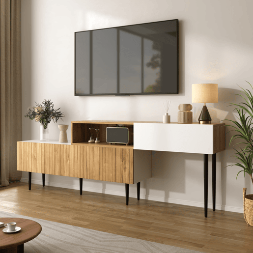 Móvel de TV modular de 2 peças - Design ajustável, pés metálicos pretos, madeira e branco mate