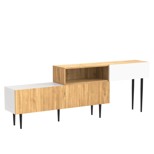 Móvel de TV modular de 2 peças - Design ajustável, pés metálicos pretos, madeira e branco mate