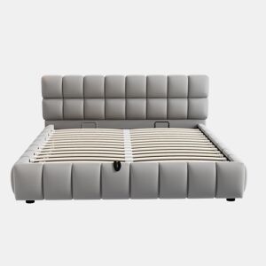 Cama estofada 140x200 cm - Cabeceira e laterais volumosas, função de armazenamento hidráulico, cinza
