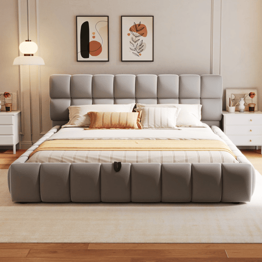 Cama estofada 140x200 cm - Cabeceira e laterais volumosas, função de armazenamento hidráulico, cinza Cama estofada 140x200 cm - Cabeceira e laterais volumosas, função de armazenamento hidráulico, cinza