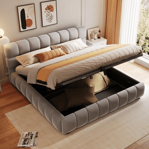 Cama estofada 140x200 cm - Cabeceira e laterais volumosas, função de armazenamento hidráulico, cinza Cama estofada 140x200 cm - Cabeceira e laterais volumosas, função de armazenamento hidráulico, cinza