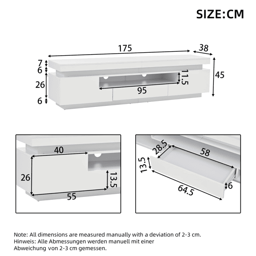 Móvel de TV 175x38x45 cm - 2 armários em L, 1 gaveta, com LED, adequado para TV de 75 - Branco