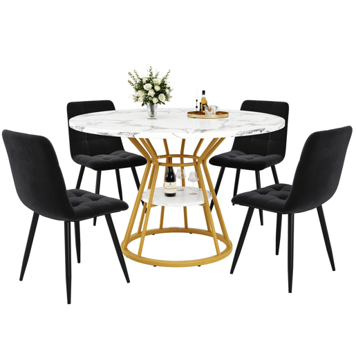 Conjunto de sala de jantar de 5 peças 100x100x76 cm - mesa redonda de mármore + 4 cadeiras de veludo - dourado