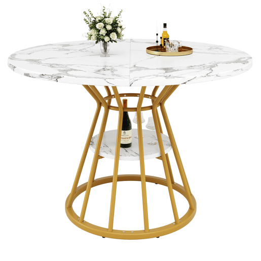 Conjunto de sala de jantar de 5 peças 100x100x76 cm - mesa redonda de mármore + 4 cadeiras de veludo - dourado