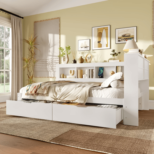 Sofá-cama 140x200 cm - Com 2 gavetas, tomada e 2 portas USB, com estrado - Branco