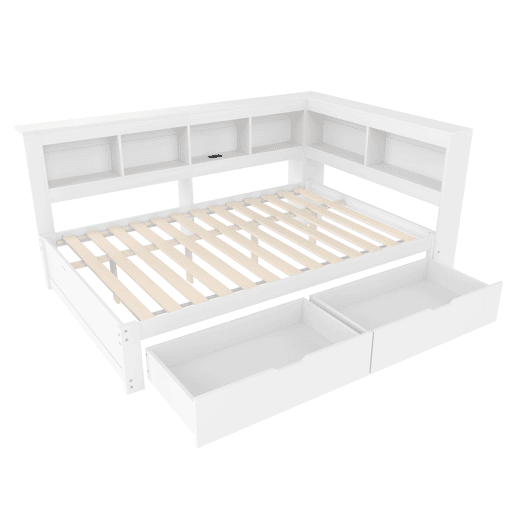 Sofá-cama 140x200 cm - Com 2 gavetas, tomada e 2 portas USB, com estrado - Branco