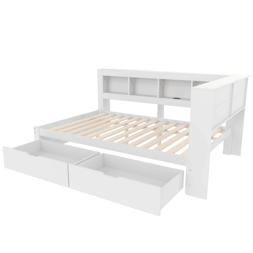 Sofá-cama 140x200 cm - Com 2 gavetas, tomada e 2 portas USB, com estrado - Branco