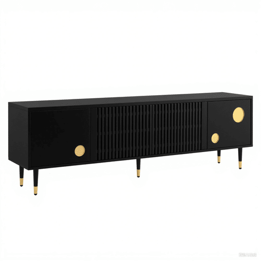 Móvel de TV com portas de madeira - Estrutura em grade, puxadores ocultos, decoração dourada - Preto