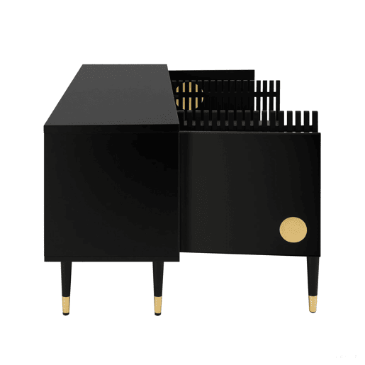 Móvel de TV com portas de madeira - Estrutura em grade, puxadores ocultos, decoração dourada - Preto