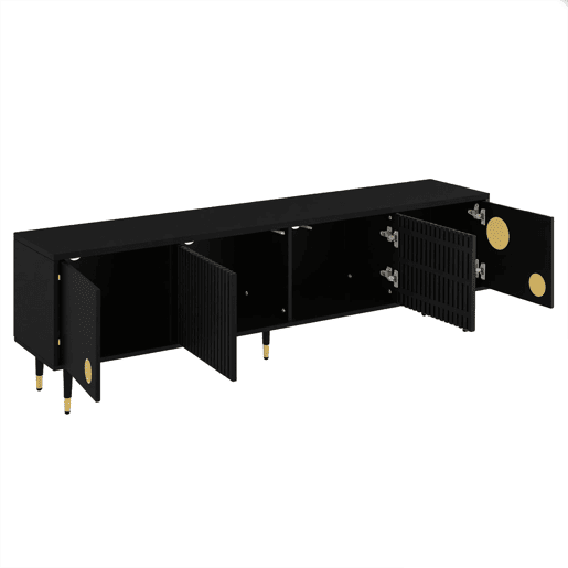 Móvel de TV com portas de madeira - Estrutura em grade, puxadores ocultos, decoração dourada - Preto