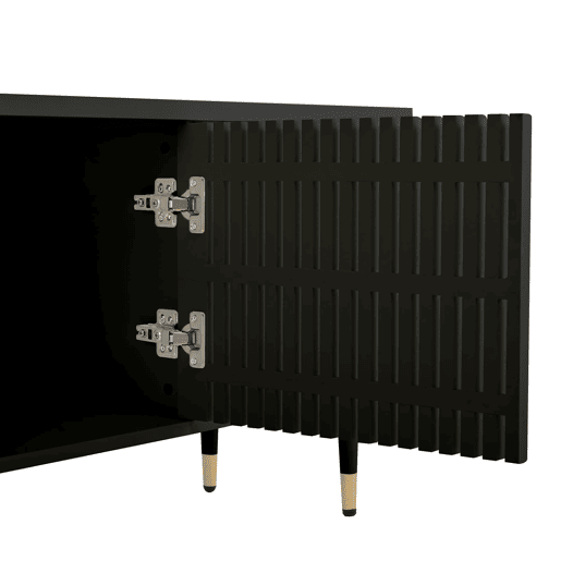 Móvel de TV com portas de madeira - Estrutura em grade, puxadores ocultos, decoração dourada - Preto