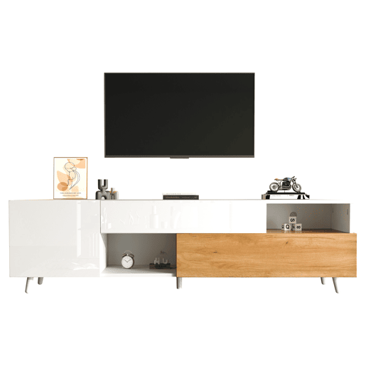 Móvel de TV 180x38x50 cm - Lowboard com 1 porta e 1 gaveta - 7 compartimentos - Branco + Natural