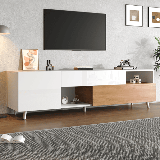 Móvel de TV 180x38x50 cm - Lowboard com 1 porta e 1 gaveta - 7 compartimentos - Branco + Natural