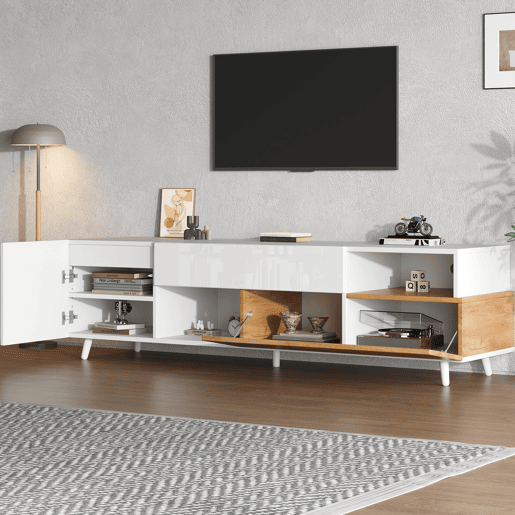 Móvel de TV 180x38x50 cm - Lowboard com 1 porta e 1 gaveta - 7 compartimentos - Branco + Natural