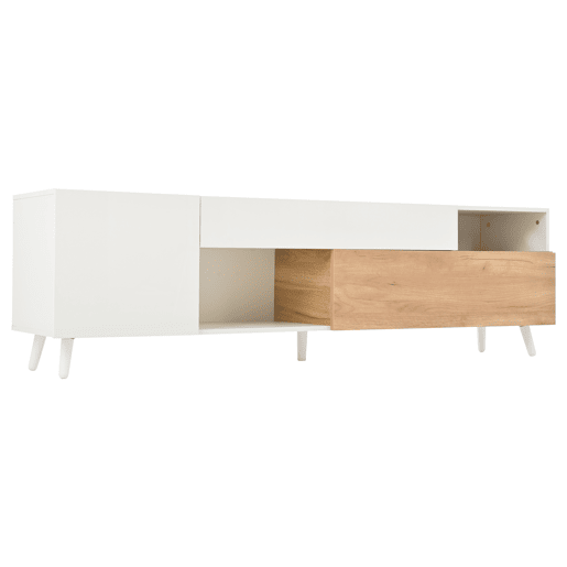 Móvel de TV 180x38x50 cm - Lowboard com 1 porta e 1 gaveta - 7 compartimentos - Branco + Natural