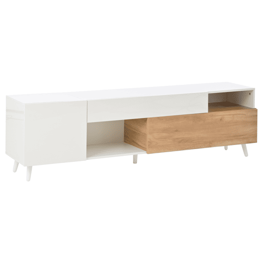 Móvel de TV 180x38x50 cm - Lowboard com 1 porta e 1 gaveta - 7 compartimentos - Branco + Natural