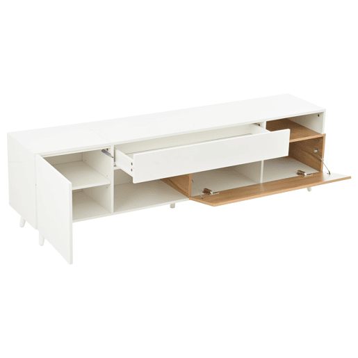 Móvel de TV 180x38x50 cm - Lowboard com 1 porta e 1 gaveta - 7 compartimentos - Branco + Natural