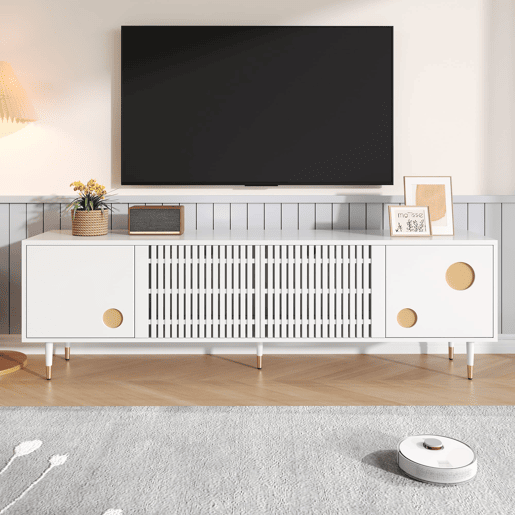 Móvel de TV 170 cm - Estrutura em grade, puxadores ocultos, decoração dourada - Branco