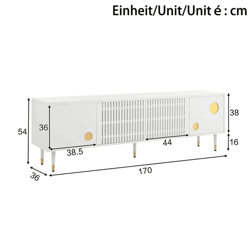 Móvel de TV 170 cm - Estrutura em grade, puxadores ocultos, decoração dourada - Branco