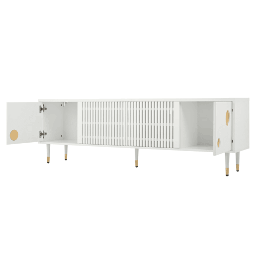 Móvel de TV 170 cm - Estrutura em grade, puxadores ocultos, decoração dourada - Branco