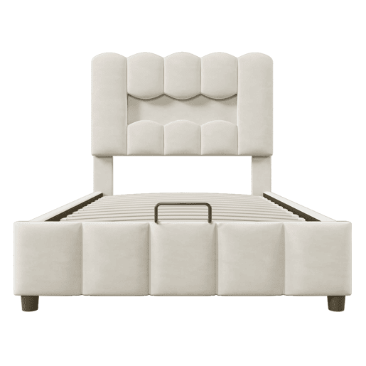 Cama estofada 90x200 cm - Sem colchão, iluminação LED, cabeceira ajustável, bege