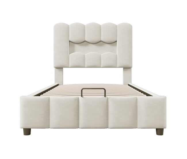 Cama tapizada 90x200 cm - sin colchón, iluminación led, cabecero ajustable, beige