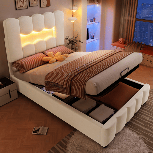 Cama estofada 90x200 cm - Sem colchão, iluminação LED, cabeceira ajustável, bege