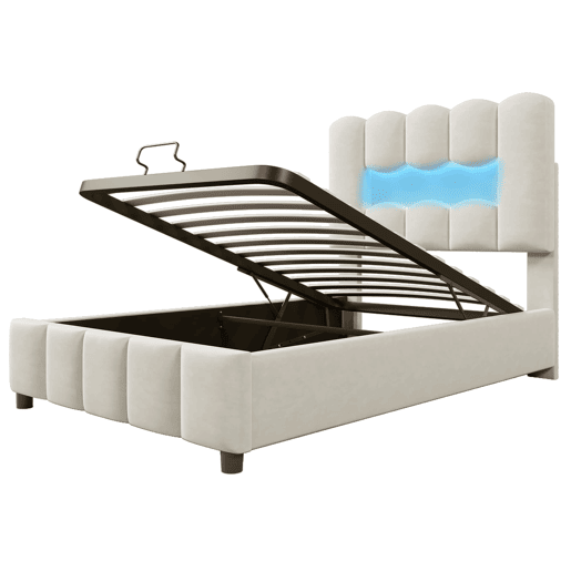 Cama estofada 90x200 cm - Sem colchão, iluminação LED, cabeceira ajustável, bege