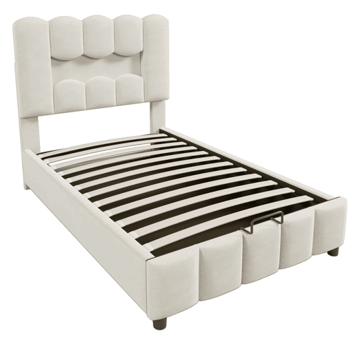Cama estofada 90x200 cm - Sem colchão, iluminação LED, cabeceira ajustável, bege
