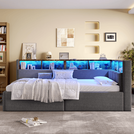 Cama de dia 90x200 cm - Com portas USB e Tipo-C, armazenamento hidráulico, iluminação LED, cinza