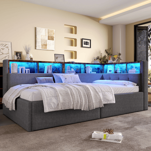 Cama de dia 90x200 cm - Com portas USB e Tipo-C, armazenamento hidráulico, iluminação LED, cinza