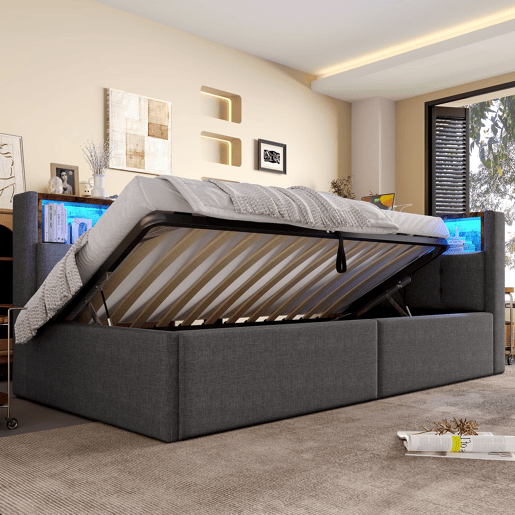 Cama de dia 90x200 cm - Com portas USB e Tipo-C, armazenamento hidráulico, iluminação LED, cinza