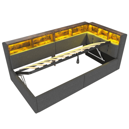 Cama de dia 90x200 cm - Com portas USB e Tipo-C, armazenamento hidráulico, iluminação LED, cinza