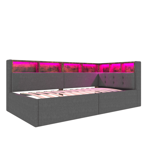 Cama de dia 90x200 cm - Com portas USB e Tipo-C, armazenamento hidráulico, iluminação LED, cinza
