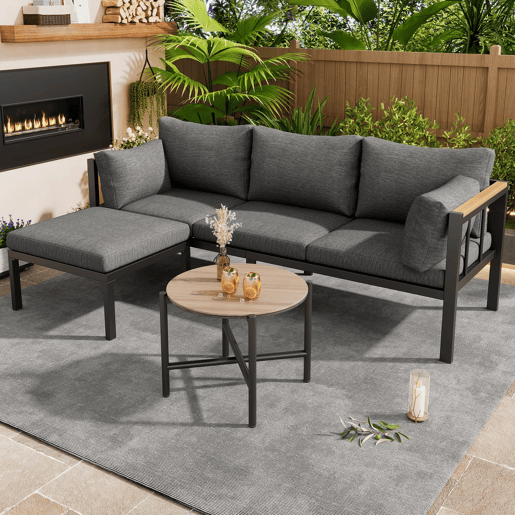 Conjunto de móveis de jardim 4 peças - Sofá + Mesa de centro + Pufe - Aço galvanizado - Cinza