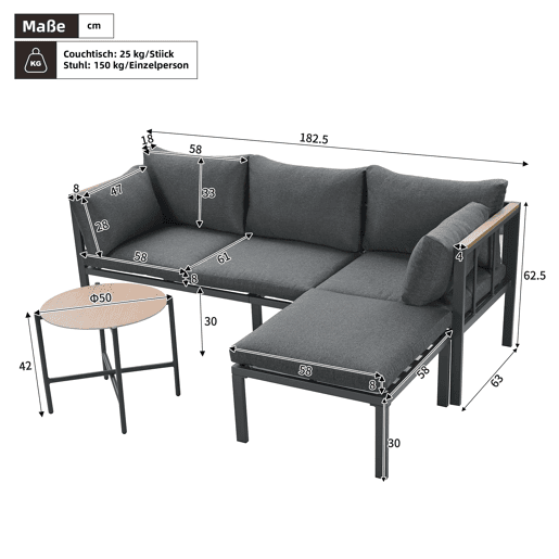 Conjunto de móveis de jardim 4 peças - Sofá + Mesa de centro + Pufe - Aço galvanizado - Cinza