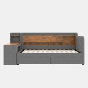 Sofá-cama 90x200 cm - Com 2 gavetas, secretária, USB + Tipo C, arrumação, linho, cinzento