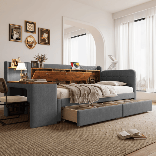 Sofá-cama 90x200 cm - Com 2 gavetas, secretária, USB + Tipo C, arrumação, linho, cinzento