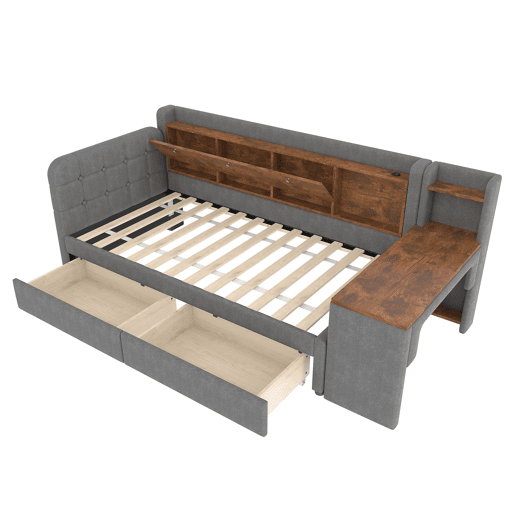 Sofá-cama 90x200 cm - Com 2 gavetas, secretária, USB + Tipo C, arrumação, linho, cinzento