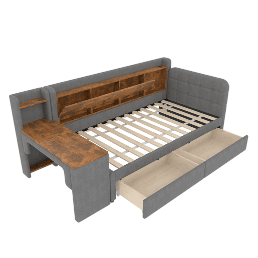 Sofá-cama 90x200 cm - Com 2 gavetas, secretária, USB + Tipo C, arrumação, linho, cinzento
