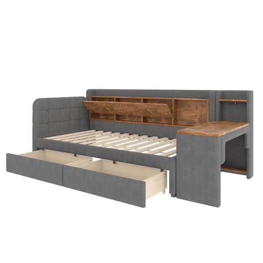 Sofá-cama 90x200 cm - Com 2 gavetas, secretária, USB + Tipo C, arrumação, linho, cinzento