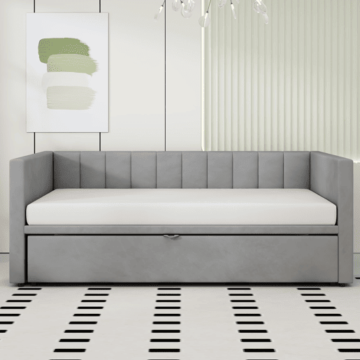 Sofá-cama 90180x200 cm - Com base de ripas, multifuncional, tecido de veludo cinzento